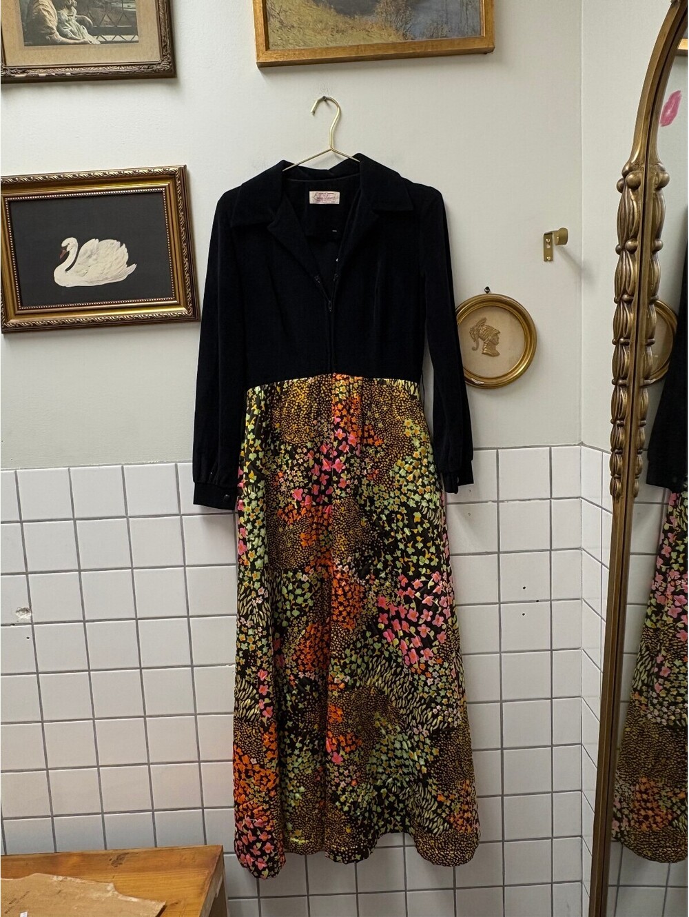 Late 1960 Evelyn Pearson Lounge Dress Black Fleece/Colorful Floral Skirt